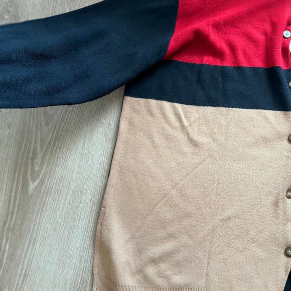 Karen Lessly Large Button Down Sweater Colorblock Black/Tan/Red 100% Acrylic - Picture 7 of 8